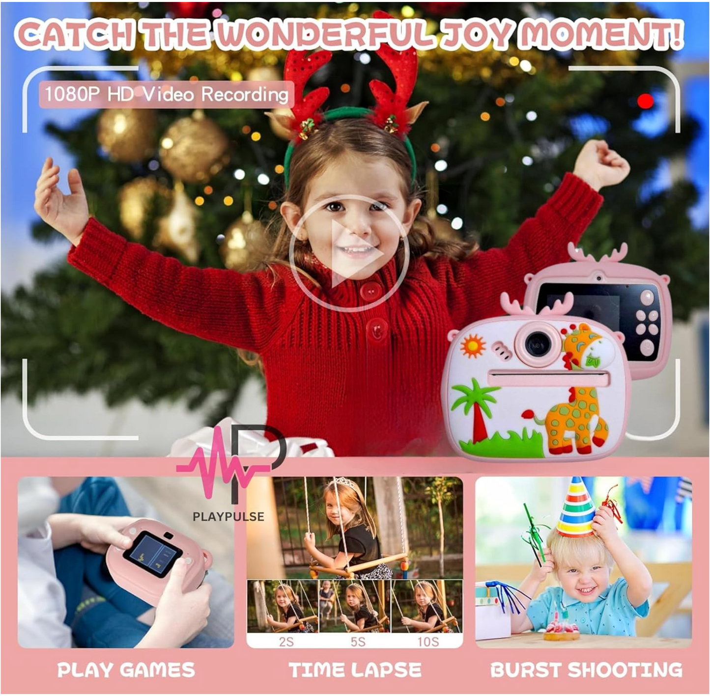 كاميرا فورية للأطفال بطباعة حرارية – كاميرا أمامية وخلفية بجودة عالية + فيديو + شاشة – أزرق ووردي