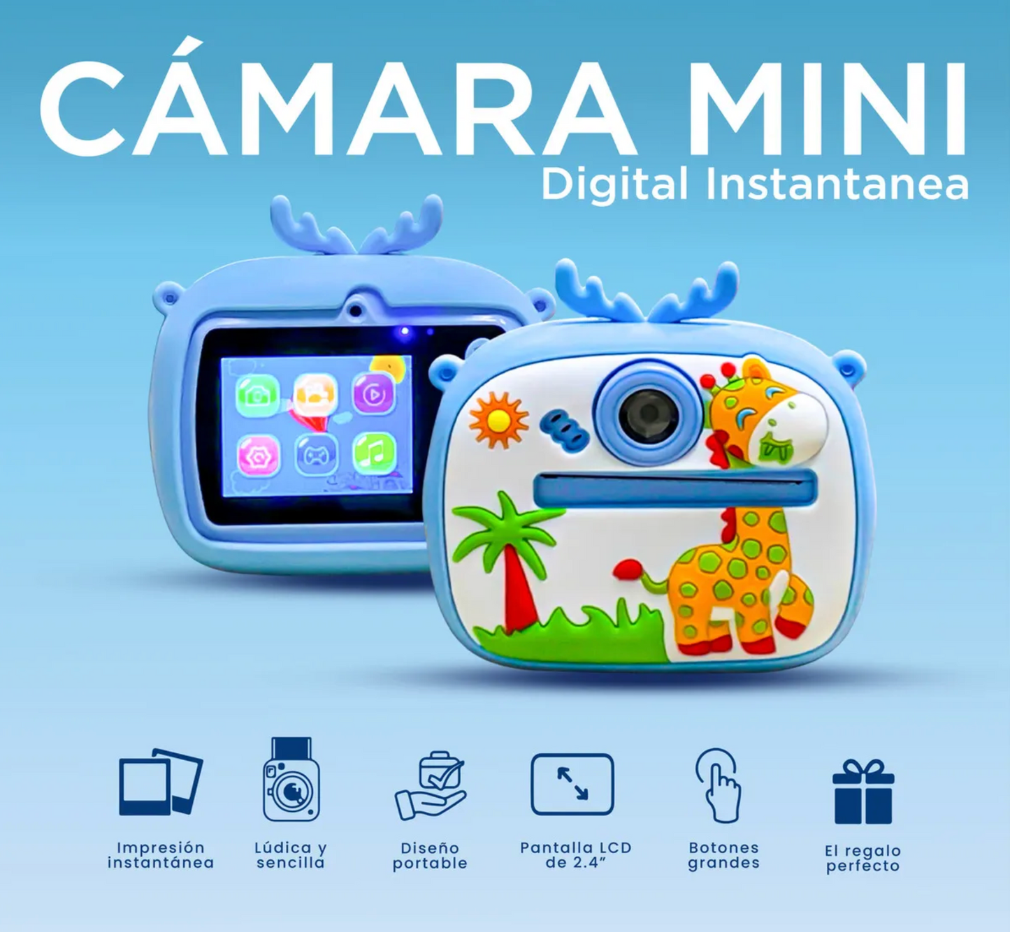 كاميرا فورية للأطفال بطباعة حرارية – كاميرا أمامية وخلفية بجودة عالية + فيديو + شاشة – أزرق ووردي